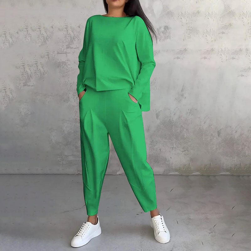 💎 55% OFF! 💎Round-Neck Long-Sleeved Top ＆ Pants 2-Piece Set | Wrinkle-Free & Breathable |
