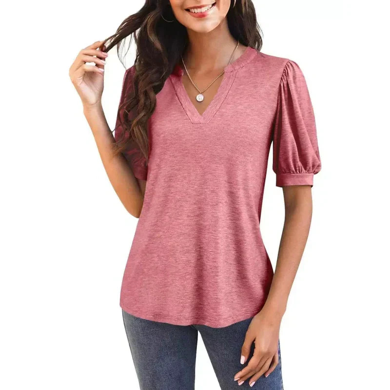 💥Last Day Special Sale 50% OFF👚Women's V-Neck Casual Puff Short Sleeve Top Elegant T-Shirt