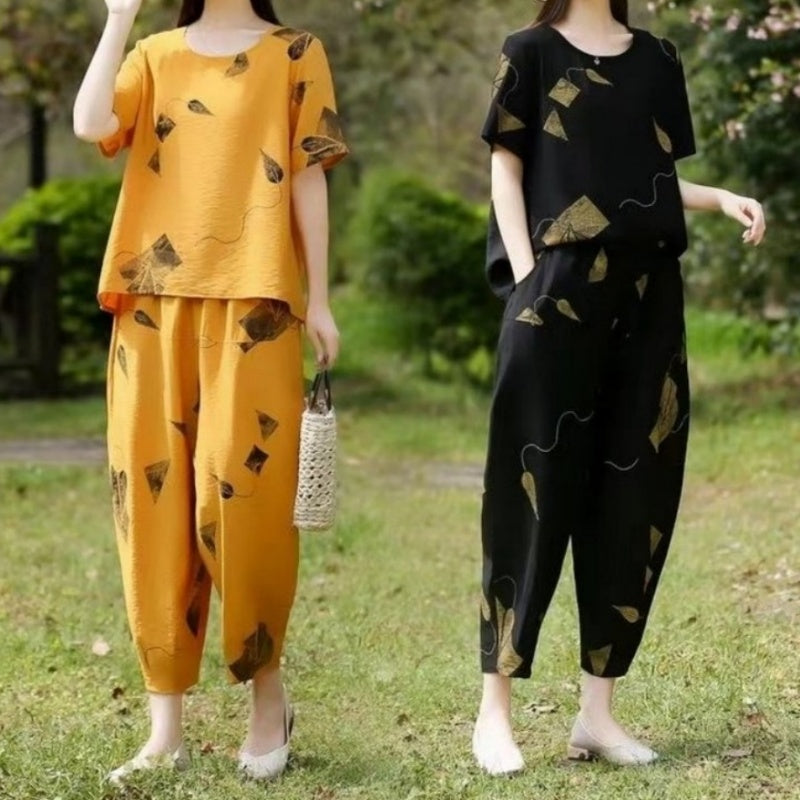 🏖️Summer Hot Sale 50% OFF🌼Women's Printed Short-Sleeved Top & Cropped Pants Set
