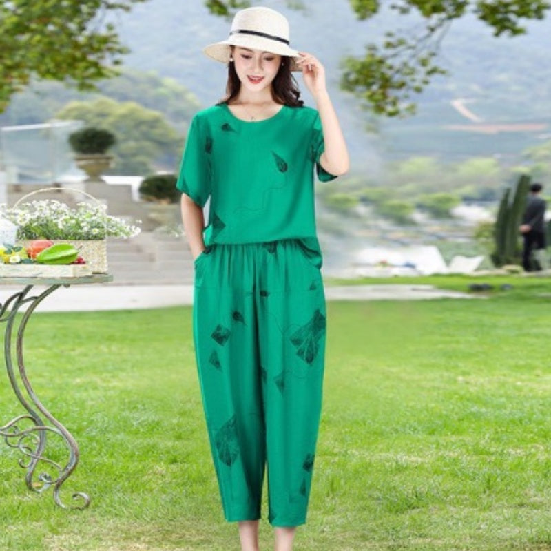 🏖️Summer Hot Sale 50% OFF🌼Women's Printed Short-Sleeved Top & Cropped Pants Set