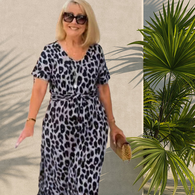 🌸2025 Hot Sale🌸Women's Leopard V-Neck Long Dress with Belt