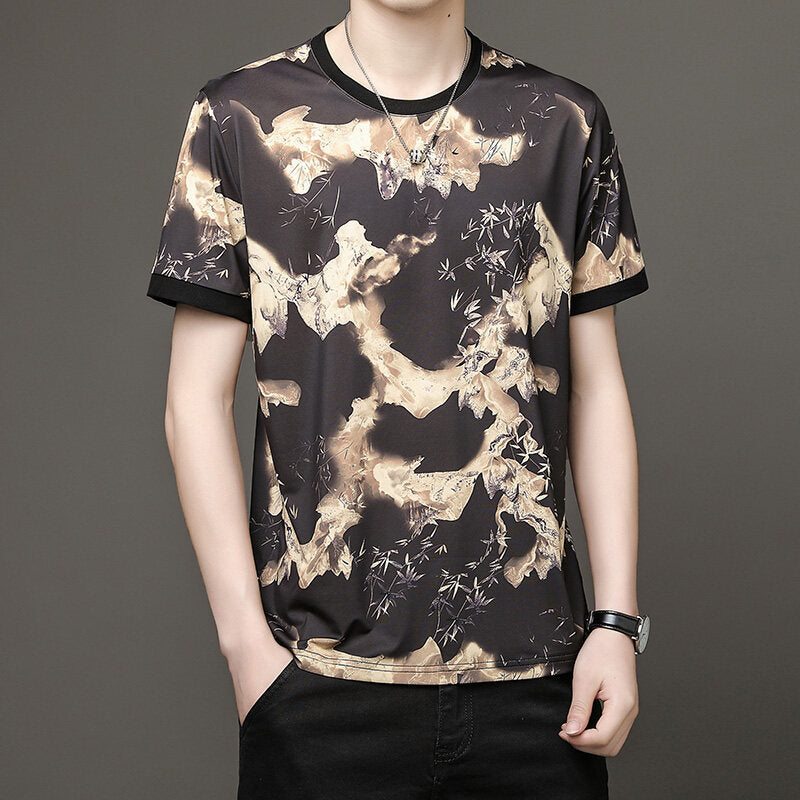 Men's Casual Bamboo Ink Style Breathable Crew Neck T-Shirt