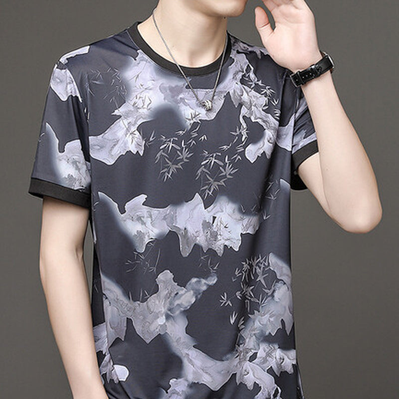 Men's Casual Bamboo Ink Style Breathable Crew Neck T-Shirt