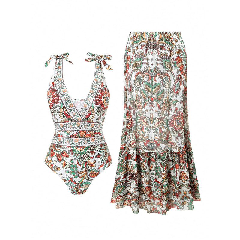 💖2025 Hot Sale💖⏳50% OFF for a limited time 💥Women's Fashion Tie-Shoulder Printed One Piece Swimsuit and Skirt—✈️Free Shipping 📦