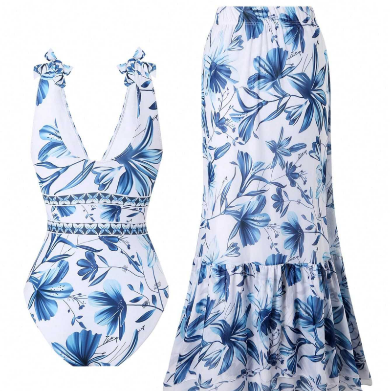 💖2025 Hot Sale💖⏳50% OFF for a limited time 💥Women's Fashion Tie-Shoulder Printed One Piece Swimsuit and Skirt—✈️Free Shipping 📦