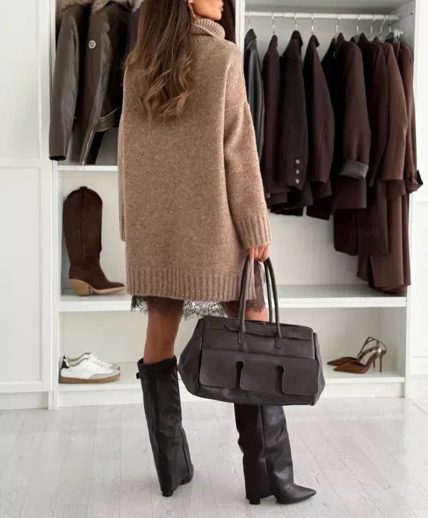 ❄️New Year Sale 50% OFF!!⚡Long Sleeve Turtleneck Sweater Dress - Cable Knit, Oversized Fit for Winter Layering (Minimalist Style)