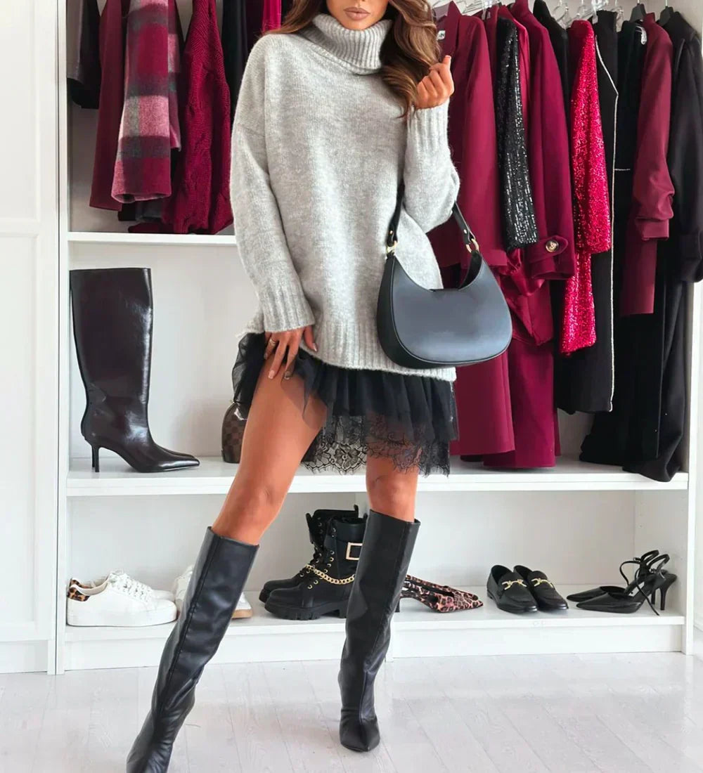 ❄️New Year Sale 50% OFF!!⚡Long Sleeve Turtleneck Sweater Dress - Cable Knit, Oversized Fit for Winter Layering (Minimalist Style)
