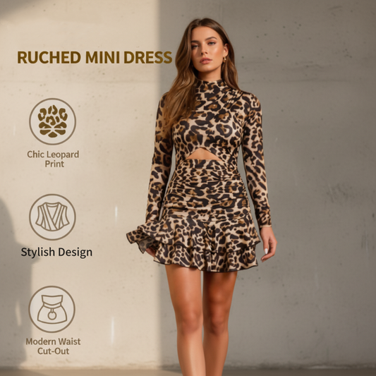 👗 Women's Leopard Print Ruched Mini Dress | Year-End Mega Sale 50% OFF | Stretchy Bodycon Fit & Chic Animal Print | Perfect for Party & Night Out 🎉✨