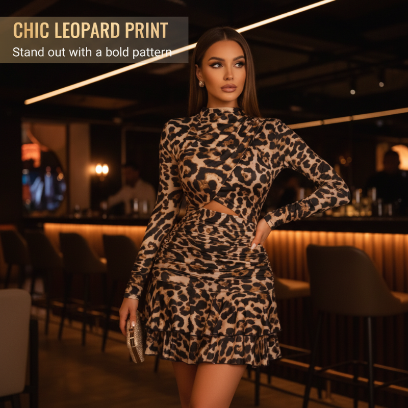 👗 Women's Leopard Print Ruched Mini Dress | Year-End Mega Sale 50% OFF | Stretchy Bodycon Fit & Chic Animal Print | Perfect for Party & Night Out 🎉✨