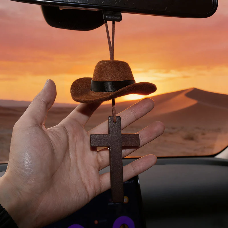 🤠 49% OFF NOW! ✨ Cowboy Hat & Cross Car Charm – Religious Car Decor, Durable Metal & Easy Clip-On 🚗⛪