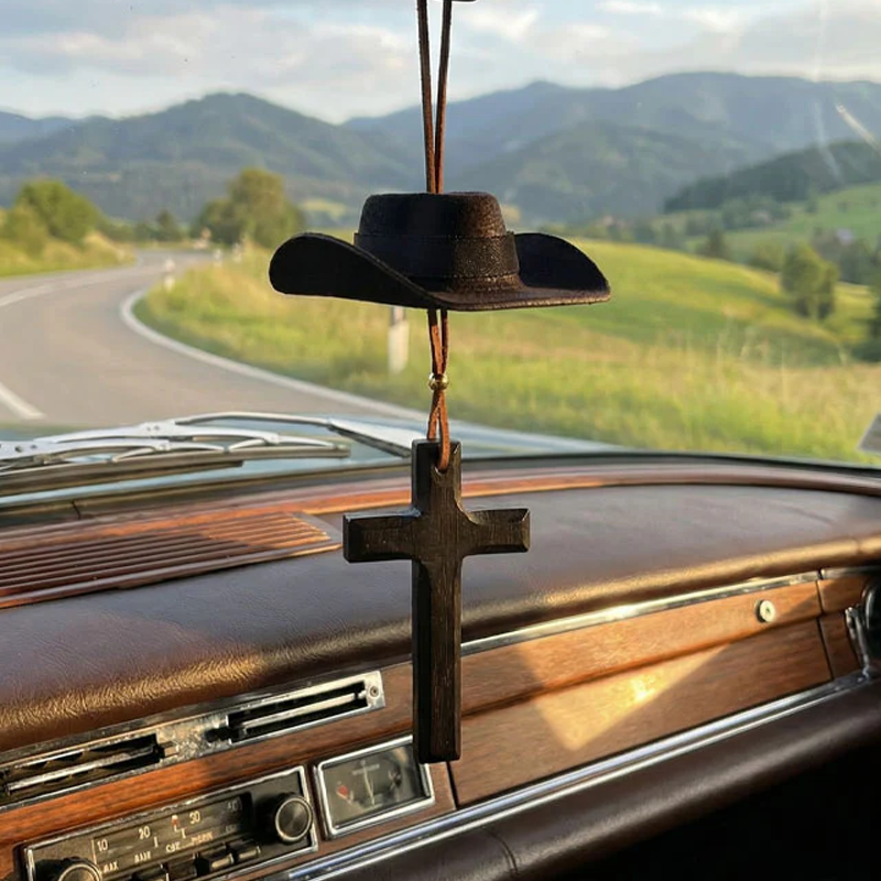 🤠 49% OFF NOW! ✨ Cowboy Hat & Cross Car Charm – Religious Car Decor, Durable Metal & Easy Clip-On 🚗⛪
