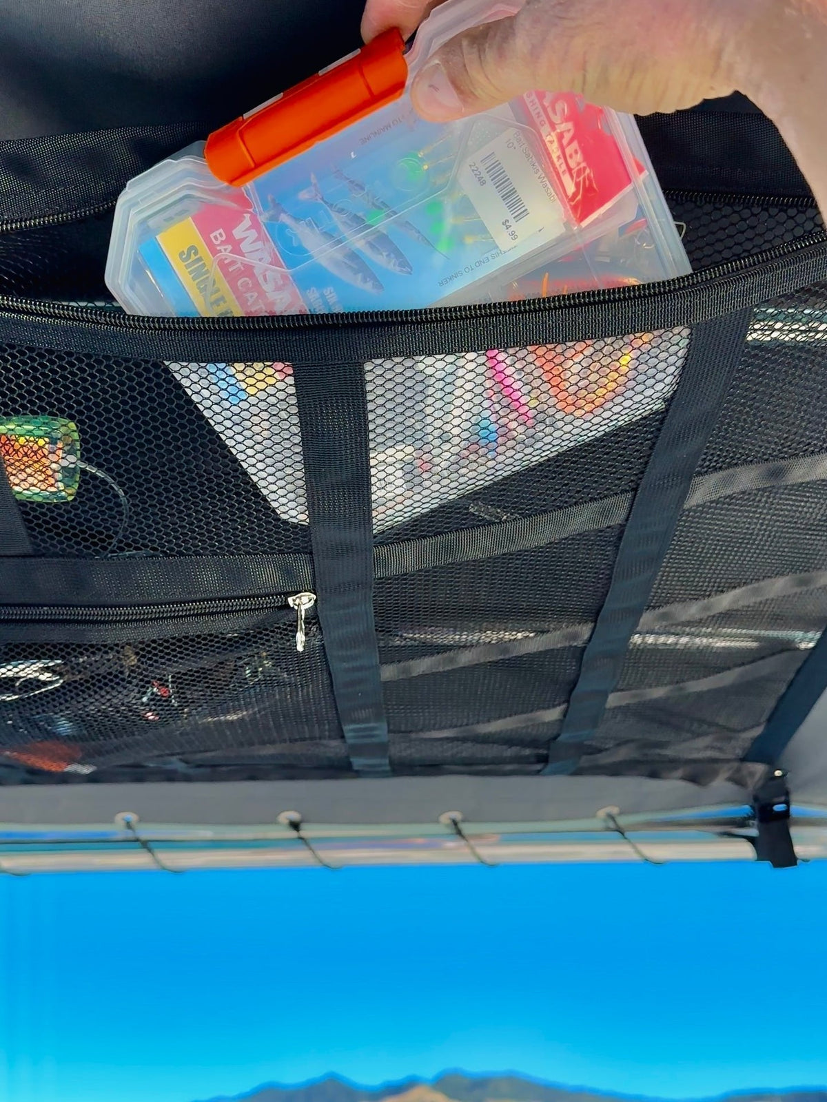 🚤50% OFF NOW! Overhead Mesh Gear Storage Net, Adjustable Car Roof Storage Bag, Multi‑Pocket Ceiling Mesh Organizer for SUV, Van, 4x4, Boat & Rooftop Tent, Holds Fishing Gear & Outdoor Supplies