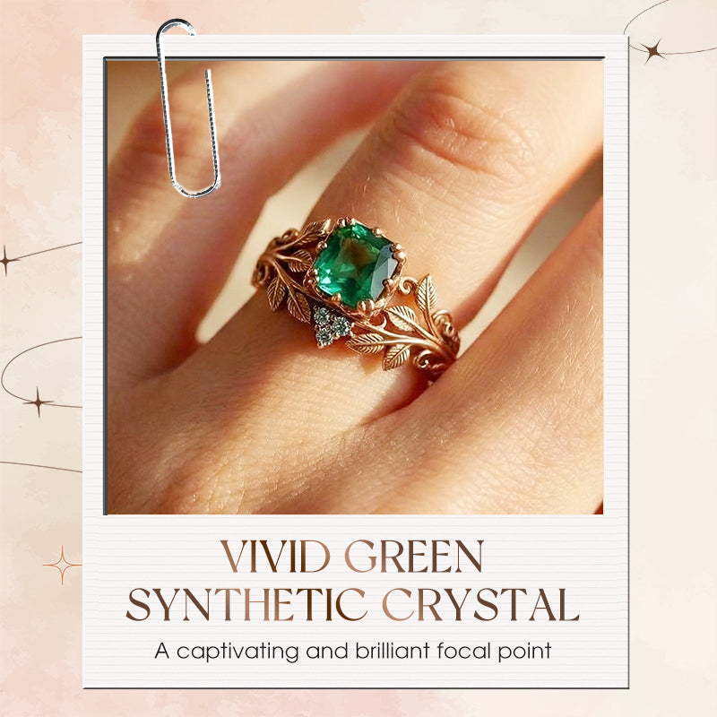 Green Synthetic Crystal Ring with Intricate Leaf