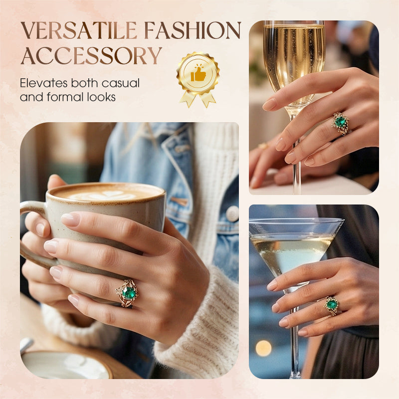 Green Synthetic Crystal Ring with Intricate Leaf