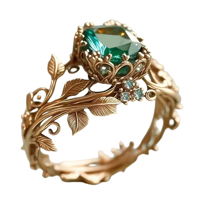 Green Synthetic Crystal Ring with Intricate Leaf