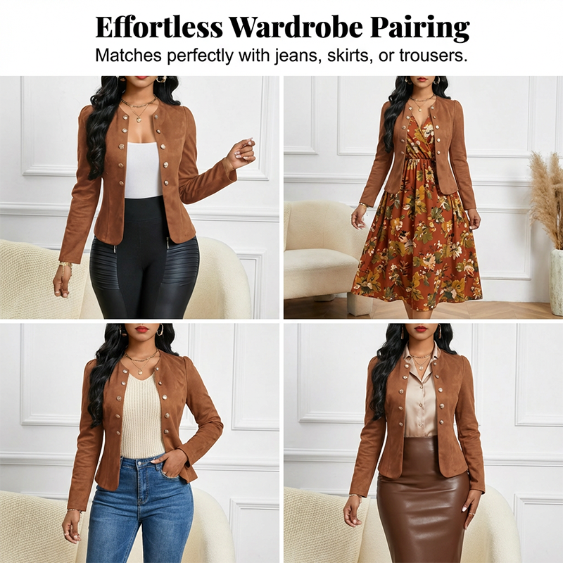 🔥🎁New 47% OFF🔥Women's Faux Suede Collarless Open Front Jacket