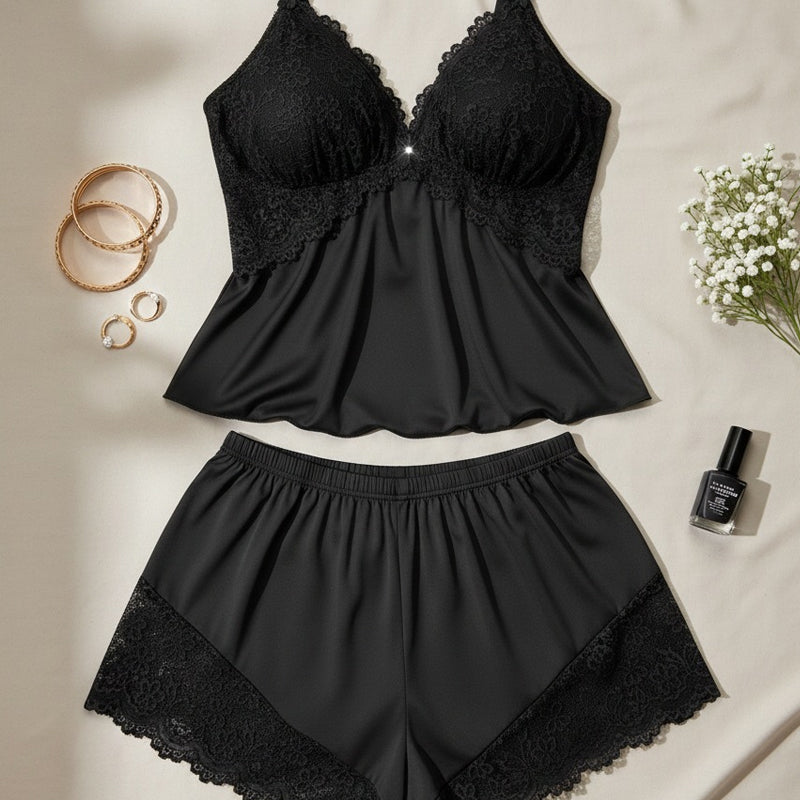 🥳2026 HOT SALE🥳💞50K+ SOLD!👗🌸 68% OFF! Lace Trim Camisole & Shorts Pajama Set – Soft satin-like fabric, adjustable straps & V-neck.