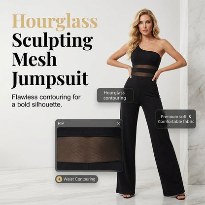 👯 LIMITED TIME 50% OFF! ✨ One-Shoulder Mesh Panel Wide-Leg Jumpsuit – Sculpting, Elegant, Alluring 💃|Free Shipping📦