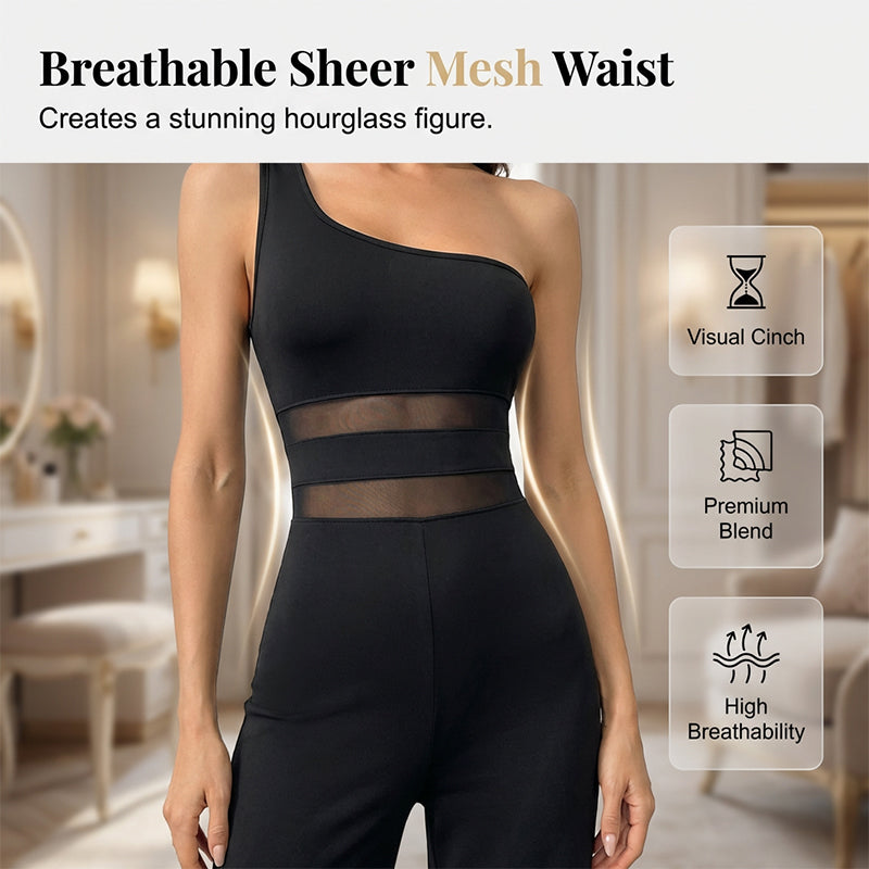 👯 LIMITED TIME 50% OFF! ✨ One-Shoulder Mesh Panel Wide-Leg Jumpsuit – Sculpting, Elegant, Alluring 💃|Free Shipping📦