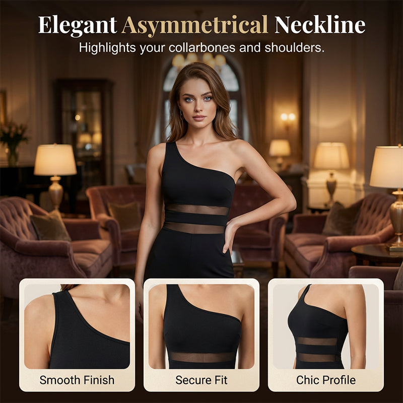 👯 LIMITED TIME 50% OFF! ✨ One-Shoulder Mesh Panel Wide-Leg Jumpsuit – Sculpting, Elegant, Alluring 💃|Free Shipping📦