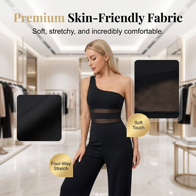 👯 LIMITED TIME 50% OFF! ✨ One-Shoulder Mesh Panel Wide-Leg Jumpsuit – Sculpting, Elegant, Alluring 💃|Free Shipping📦