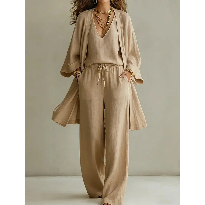 ⏰🔥LIMITED TIME 47% OFF! 🧥 Elegant 3-Piece Set – Wide-Leg Trousers, Inner Top & Cardigan for Effortless Chic 👚👖✨