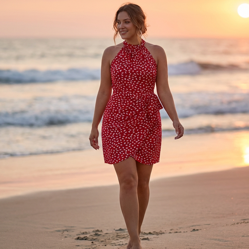 Women’s Halter Neck Tie-Waist Ditsy Print Short Dress