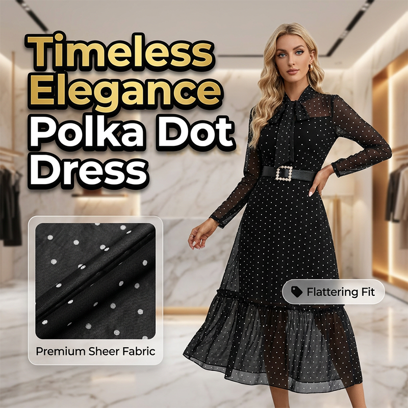 👗 46% OFF NOW!✨ Polka Dot Tie-Neck Midi Dress – Pearl Belt & A-Line – Elegant Vintage Party Dress 🥂