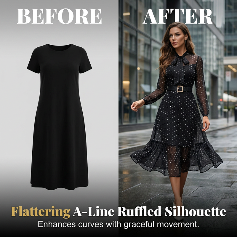 👗 46% OFF NOW!✨ Polka Dot Tie-Neck Midi Dress – Pearl Belt & A-Line – Elegant Vintage Party Dress 🥂