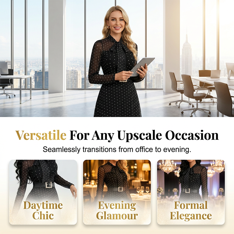 👗 46% OFF NOW!✨ Polka Dot Tie-Neck Midi Dress – Pearl Belt & A-Line – Elegant Vintage Party Dress 🥂