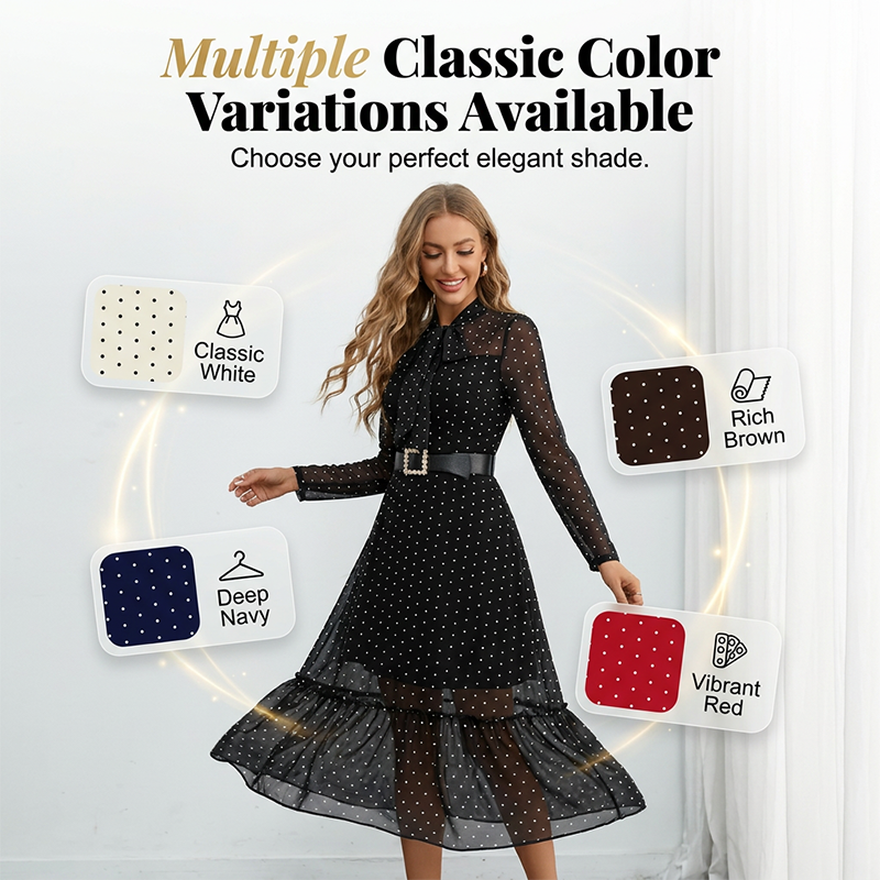 👗 46% OFF NOW!✨ Polka Dot Tie-Neck Midi Dress – Pearl Belt & A-Line – Elegant Vintage Party Dress 🥂
