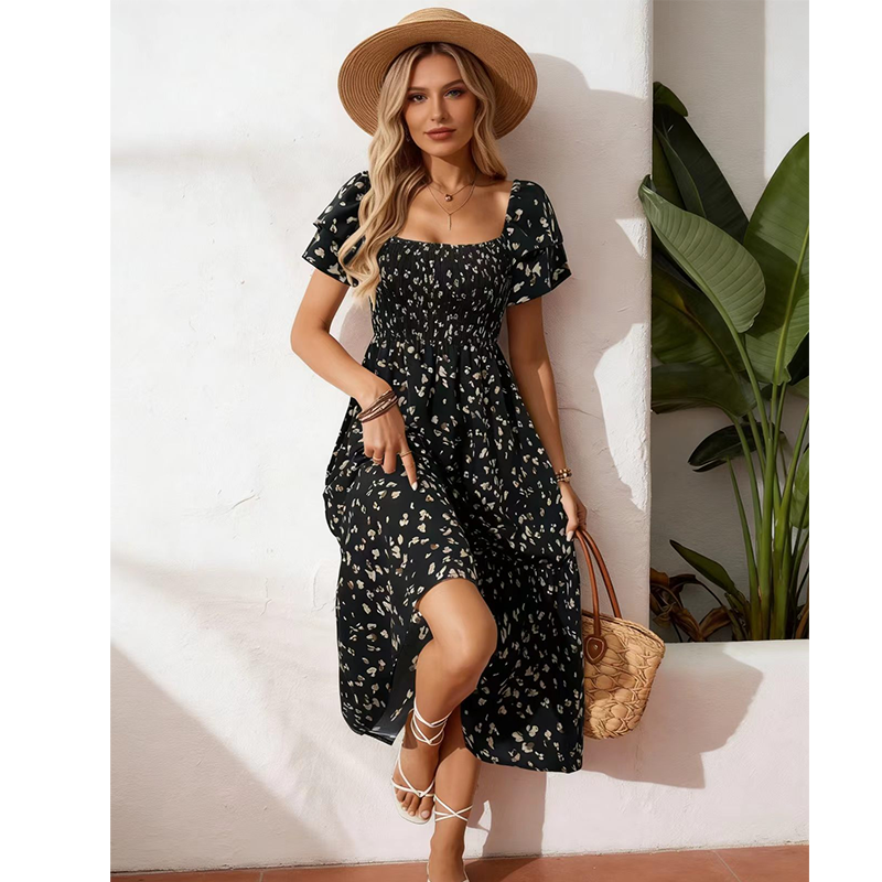🌈2026 Summer Hot Sale 51% OFF!✨Square Neck Floral Midi Dress – Smocked Bodice, Flowy Tiered Skirt🌸1