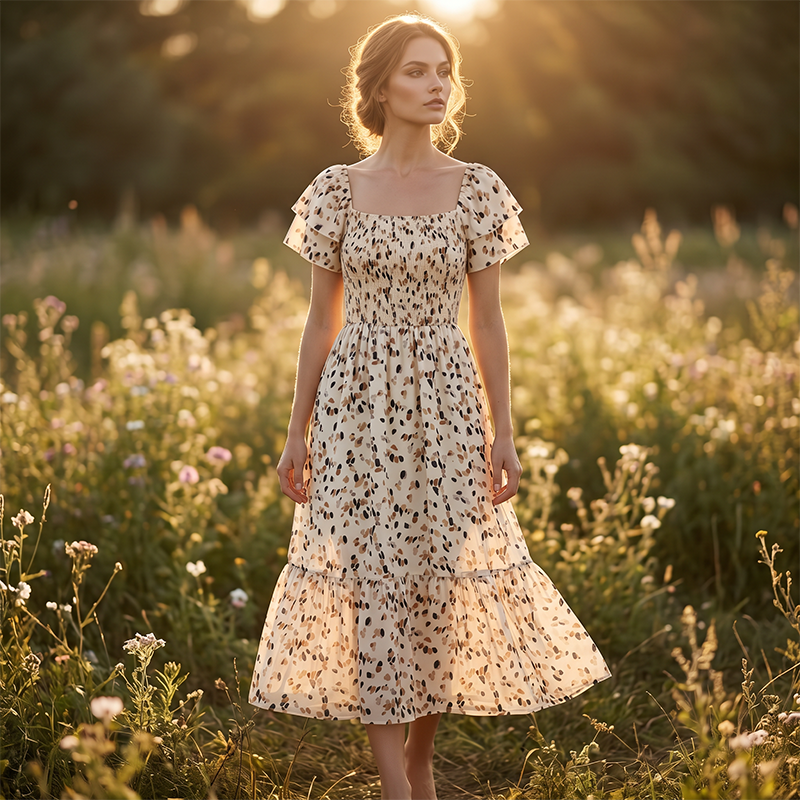 🌈2026 Summer Hot Sale 51% OFF!✨Square Neck Floral Midi Dress – Smocked Bodice, Flowy Tiered Skirt🌸1
