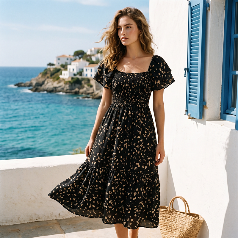 🌈2026 Summer Hot Sale 51% OFF!✨Square Neck Floral Midi Dress – Smocked Bodice, Flowy Tiered Skirt🌸1