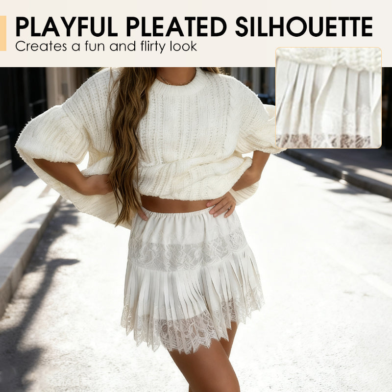 Chic Pleated Lace Trim Mini Skirt