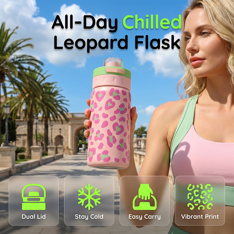 Leopard Print Insulated Water Bottle with Dual-Drinking Lid