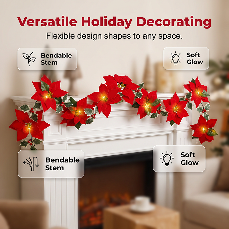 🎄 Christmas Poinsettia String Lights – Add a Warm Holiday Glow ✨