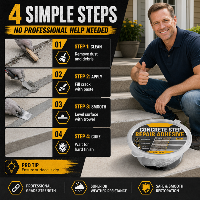 🥳2026 HOT SALE🥳💞50K+ SOLD!🏠  Concrete Step Repair Adhesive – Permanently bonds cracked stairs & walkways. Weatherproof – resists heat, ice & rain. Walk safely again! 🛡️✨