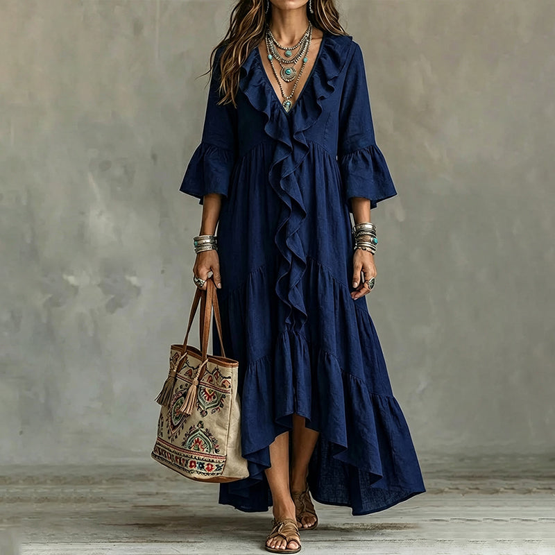 Women's Retro Ruffle V-Neck Dress with Bell Sleeves