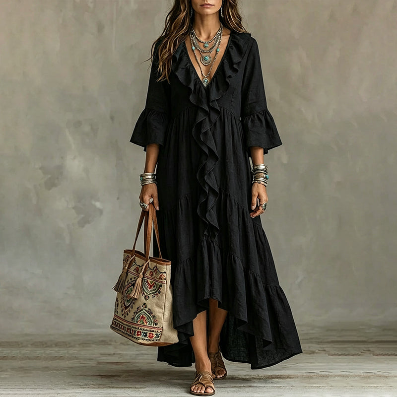 Women's Retro Ruffle V-Neck Dress with Bell Sleeves