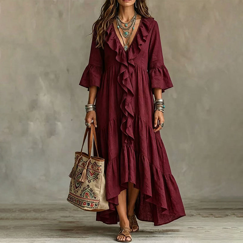 Women's Retro Ruffle V-Neck Dress with Bell Sleeves
