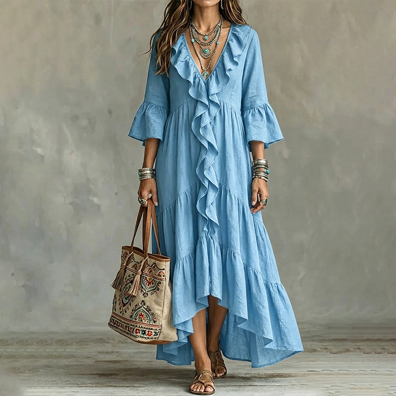 Women's Retro Ruffle V-Neck Dress with Bell Sleeves