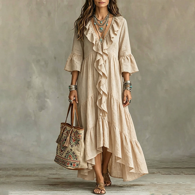 Women's Retro Ruffle V-Neck Dress with Bell Sleeves
