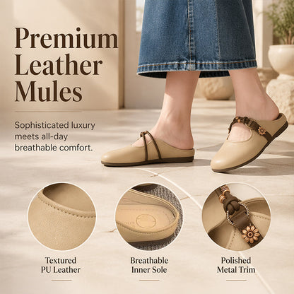 🌸Camellia Leather Mules – Closed‑Toe Slip‑On Flats with Polished Metal Floral Trim