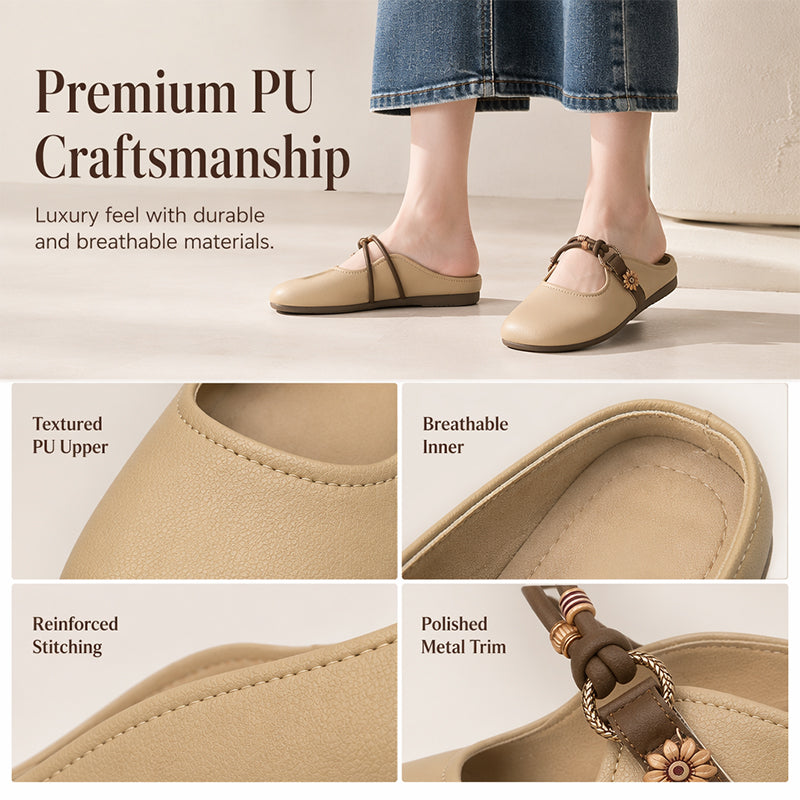 🌸Camellia Leather Mules – Closed‑Toe Slip‑On Flats with Polished Metal Floral Trim