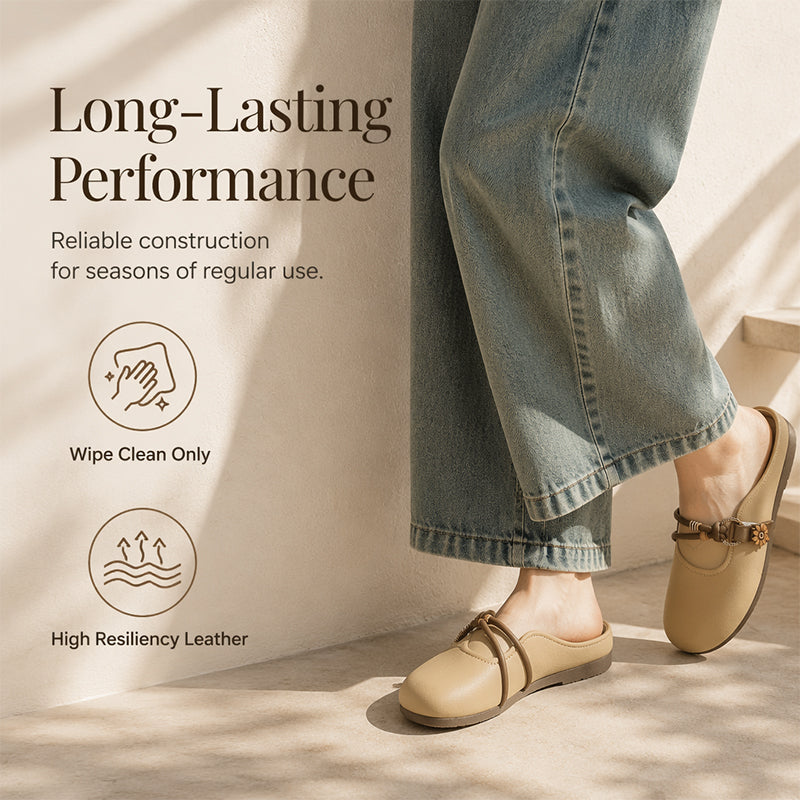🌸Camellia Leather Mules – Closed‑Toe Slip‑On Flats with Polished Metal Floral Trim