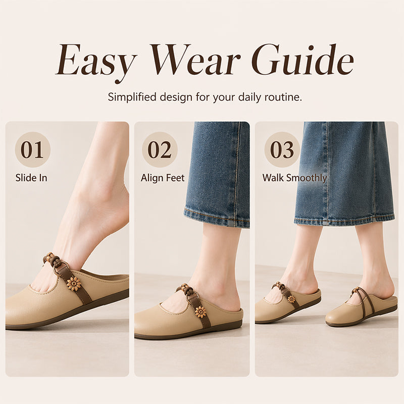 🌸Camellia Leather Mules – Closed‑Toe Slip‑On Flats with Polished Metal Floral Trim