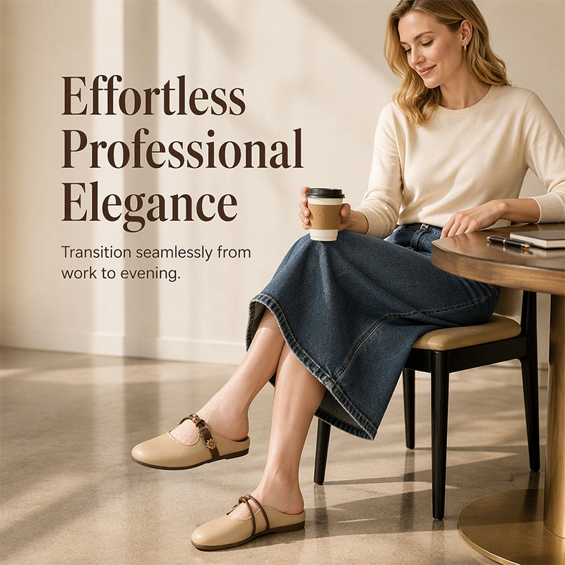 🌸Camellia Leather Mules – Closed‑Toe Slip‑On Flats with Polished Metal Floral Trim