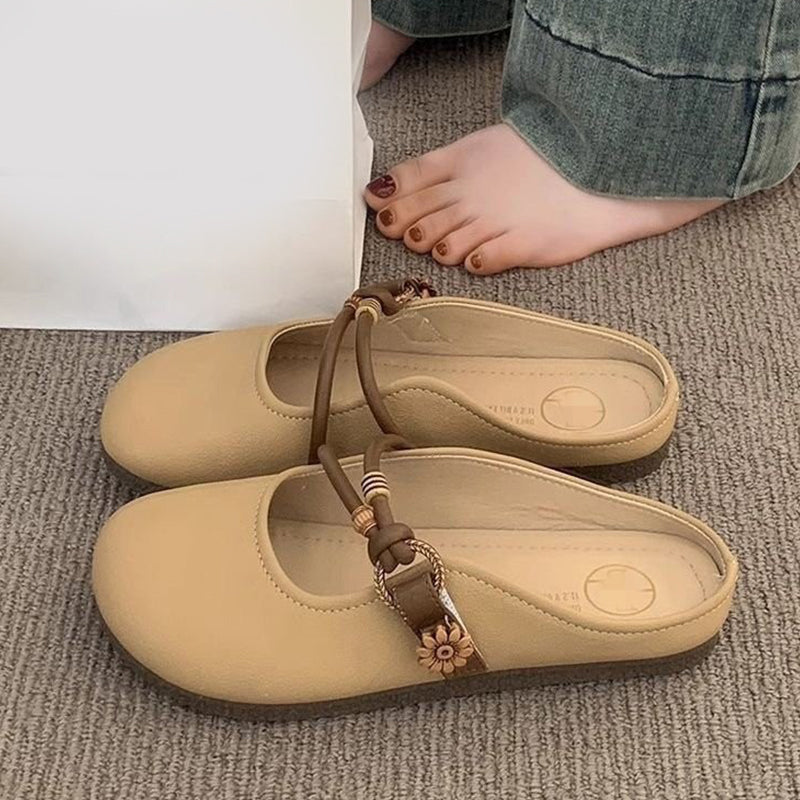 🌸Camellia Leather Mules – Closed‑Toe Slip‑On Flats with Polished Metal Floral Trim