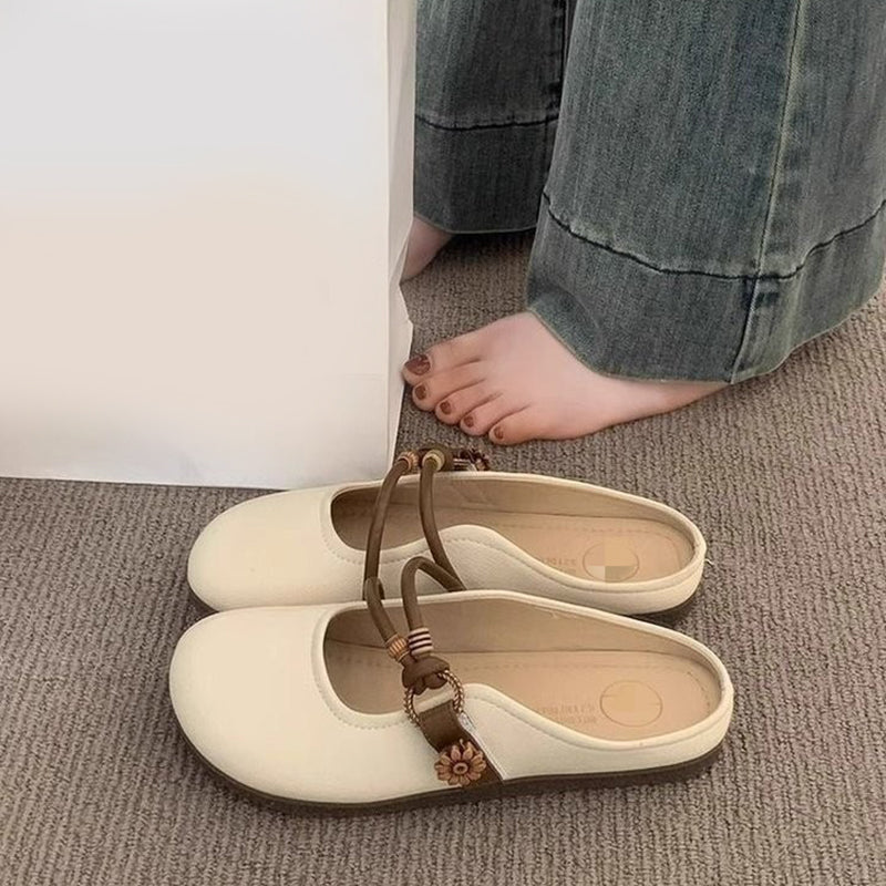 🌸Camellia Leather Mules – Closed‑Toe Slip‑On Flats with Polished Metal Floral Trim